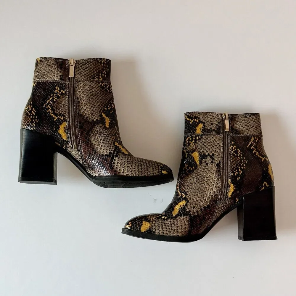 Franco Sarto Women's Size 7M Snake Print Leather Zip Ankle Bootie w/ Block Heel
